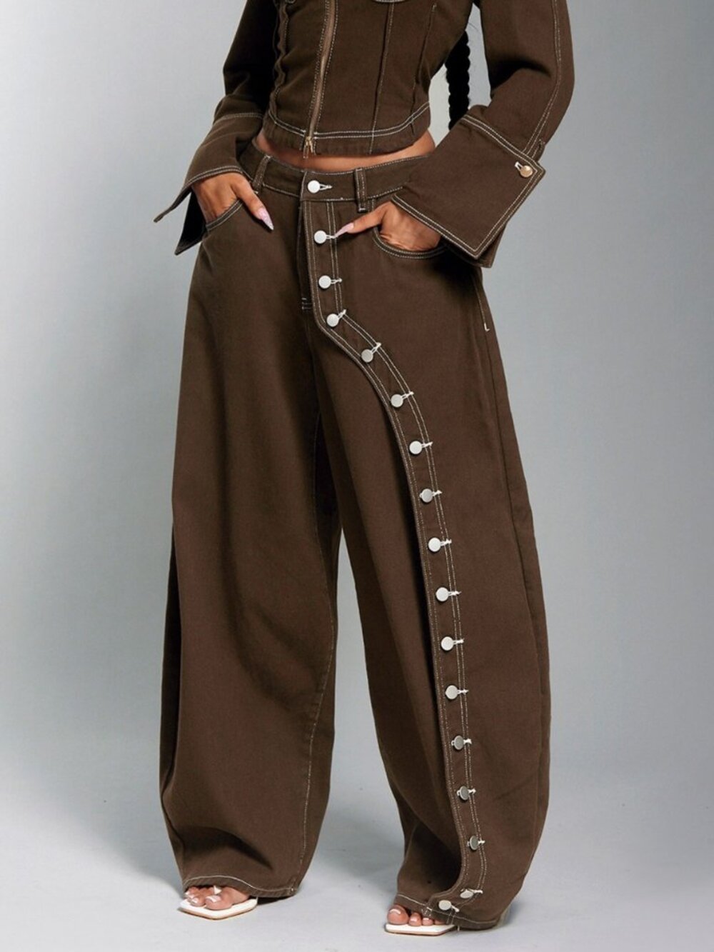Mocha Brown Casual Women's Double Button Wide Leg Denim Jeans - Picture 4 of 5